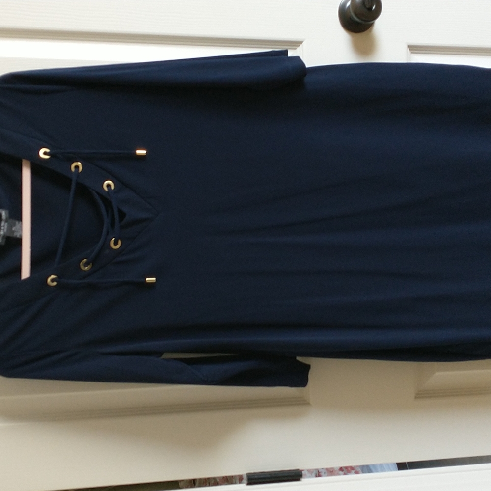 Chelsea and Theodore navy blue dress with gold accents